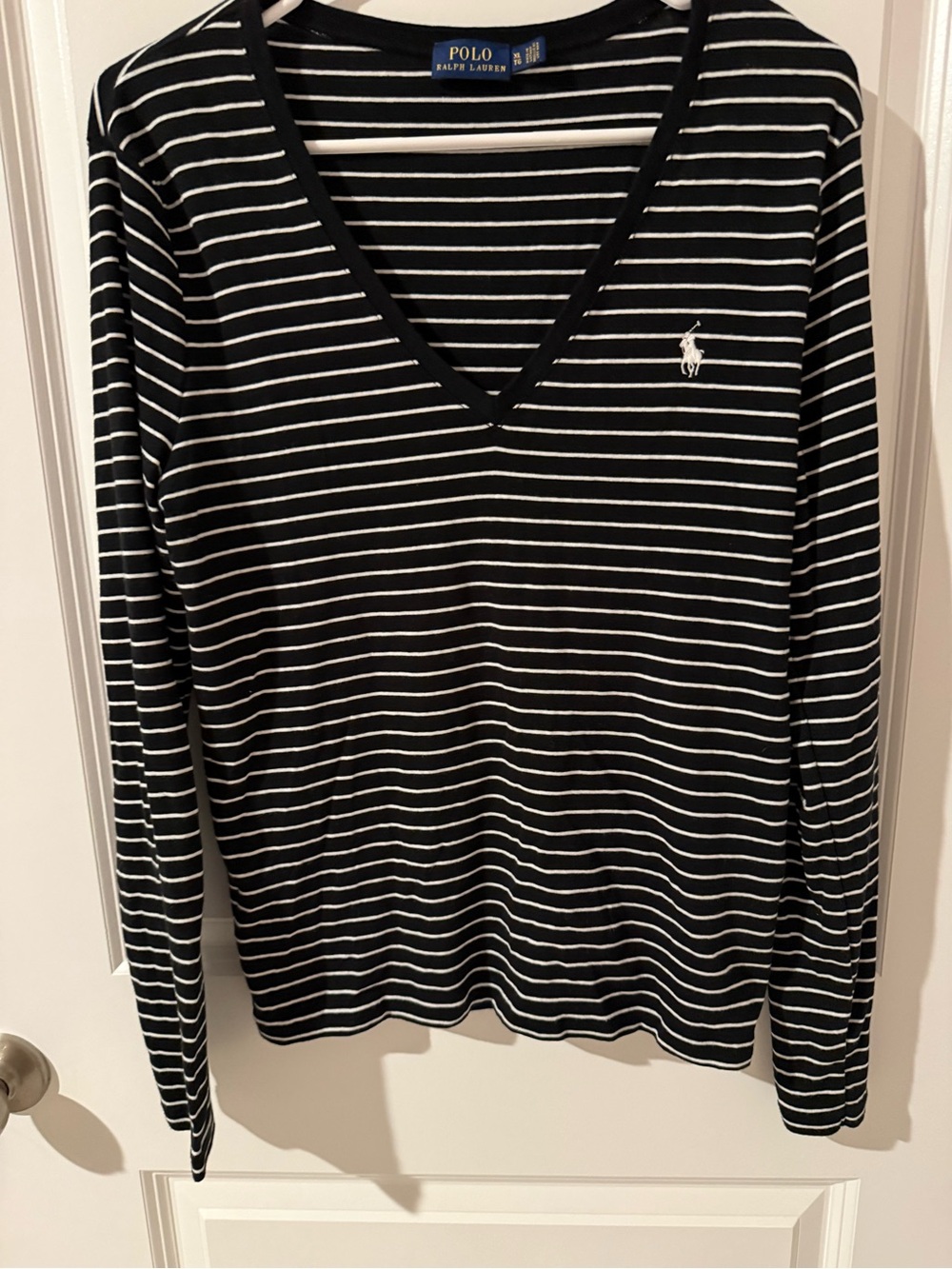 Ralph Lauren Black and White Striped V-Neck Long Sleeve Top